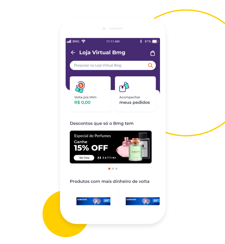 Celular mostrando ofertas da Loja Virtual dentro do aplicativo do Banco Bmg