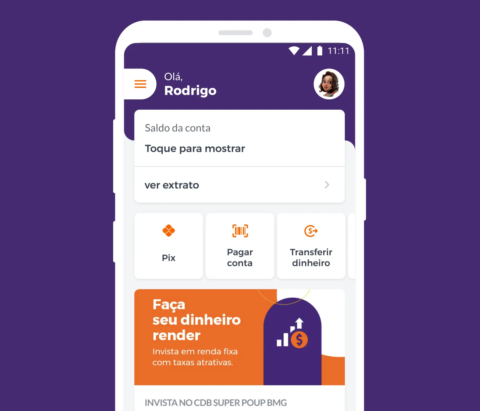 Celular com o aplicativo da conta digital Bmg aberto na tela inicial com informações de saldo, limite e investimentos