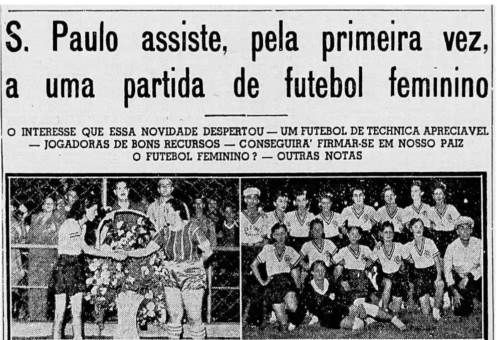 Jornal Correio Paulistano com a manchete: São Paulo assiste pela primeira vez a uma partida de futebol feminino