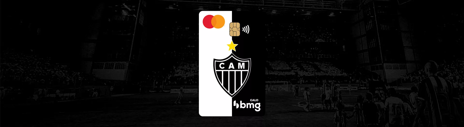 Em primeiro plano o Cartão de crédito sem taxas da conta digital do Galo Bmg e ao fundo a Arena Independência