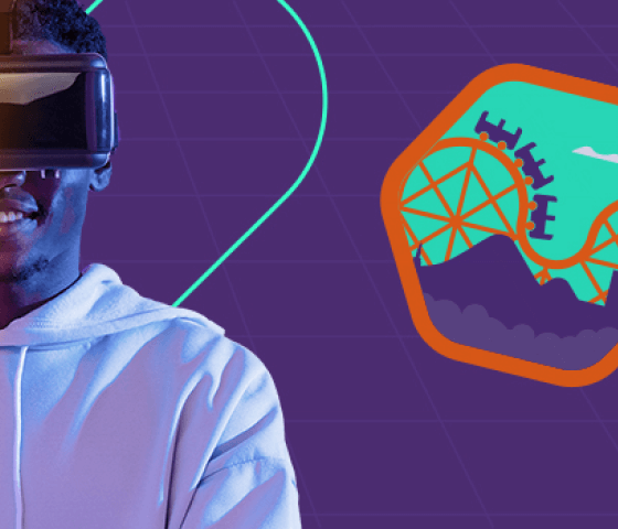 Homem com óculos de realidade virtual e ilustração de uma montanha russa