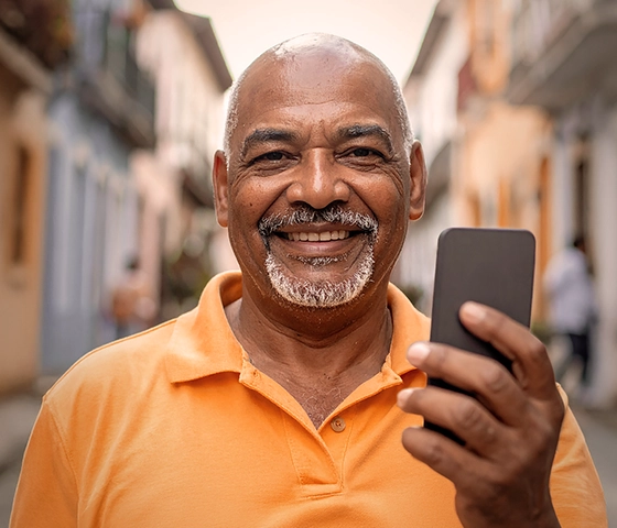 Ilustração com uma mulher de camisa de cor laranja, acessando open Finance pelo celular